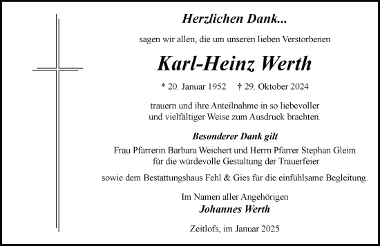 Traueranzeige von Karl-Heinz Werth von FZ
