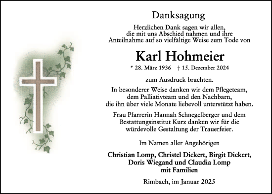 Traueranzeige von Karl Hohmeier von FZ