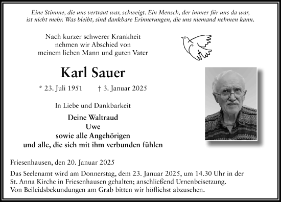 Traueranzeige von Karl Sauer von FZ