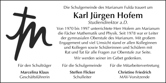 Traueranzeige von Karl Jürgen Hofem von FZ