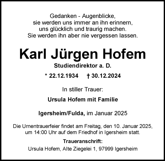Traueranzeige von Karl Jürgen Hofem von FZ