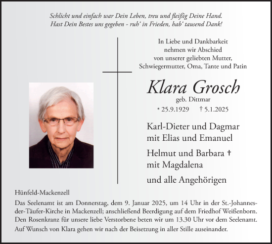 Traueranzeige von Klara Grosch von FZ