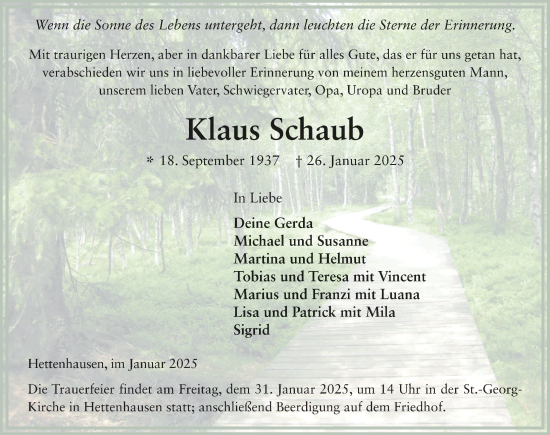 Traueranzeige von Klaus Schaub von FZ