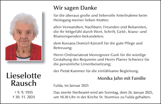 Traueranzeige von Lieselotte Rausch von FZ