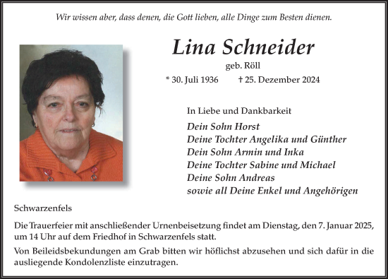 Traueranzeige von Lina Schneider von FZ