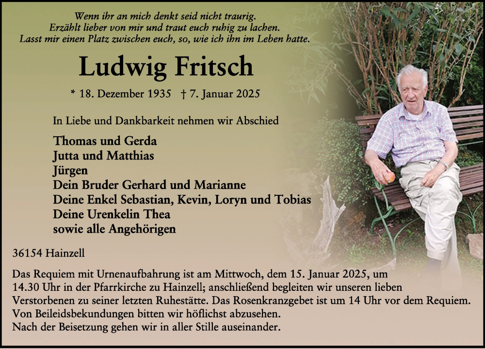  Traueranzeige für Ludwig Fritsch vom 13.01.2025 aus FZ