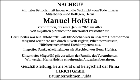 Traueranzeige von Manuel Hofstra von FZ