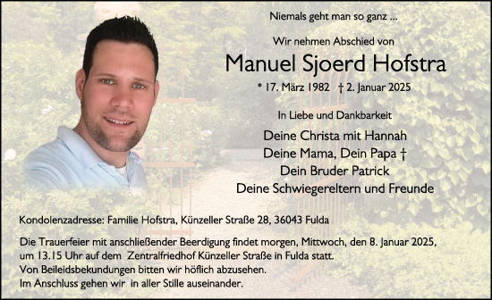 Traueranzeige von Manuel Sjoerd Hofstra von FZ