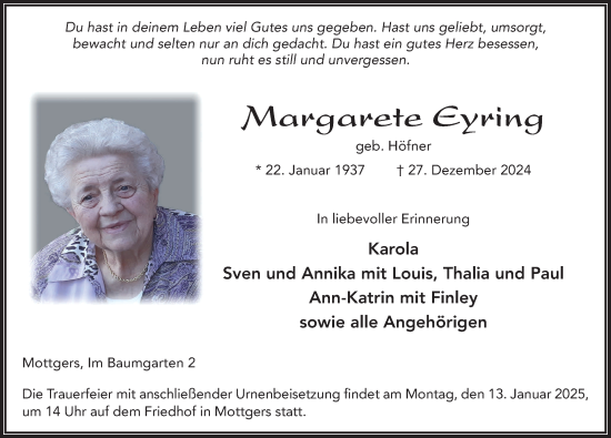 Traueranzeige von Margarete Eyring von FZ