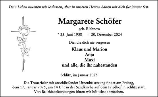 Traueranzeige von Margarete Schöfer von FZ