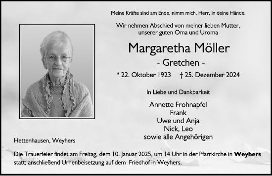 Traueranzeige von Margaretha Möller von FZ