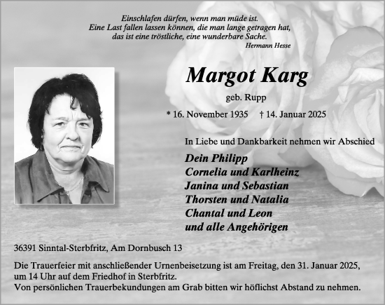 Traueranzeige von Margot Karg von FZ