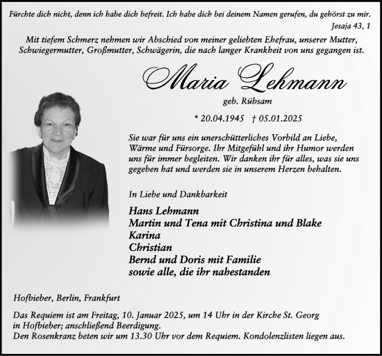 Traueranzeige von Maria Lehmann von FZ