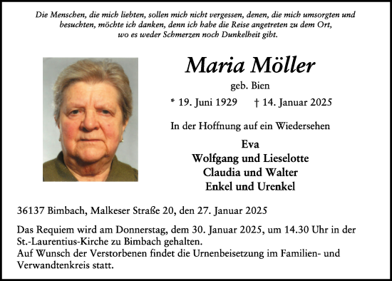 Traueranzeige von Maria Möller von FZ
