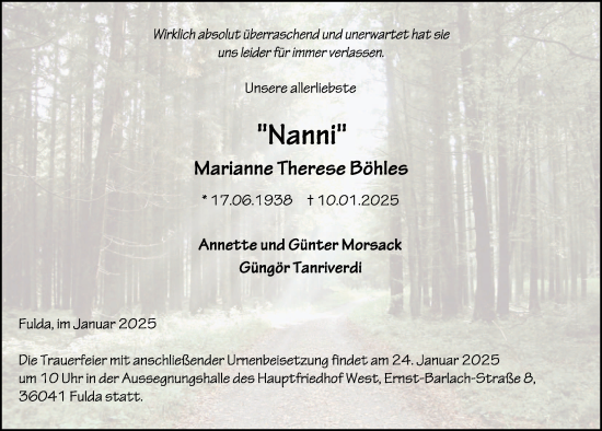 Traueranzeige von Marianne Therese Böhles von FZ