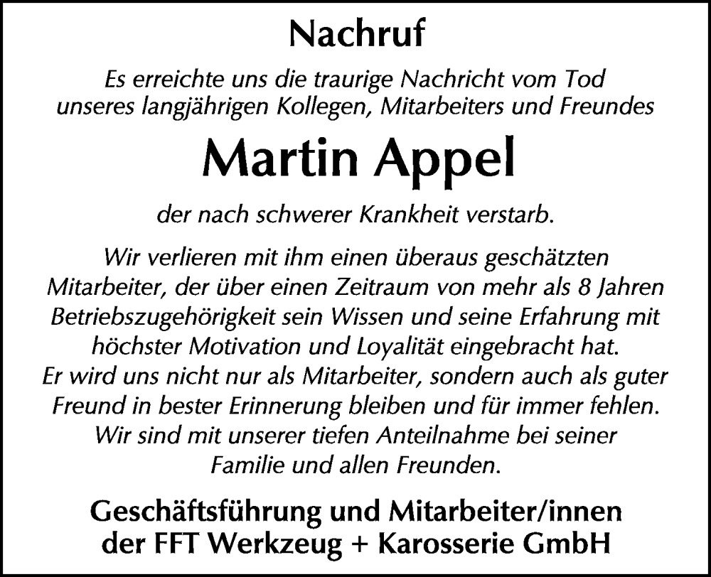  Traueranzeige für Martin Appel vom 18.01.2025 aus FZ