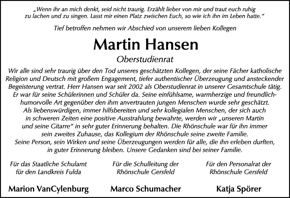  Traueranzeige für Martin Hansen vom 04.01.2025 aus FZ