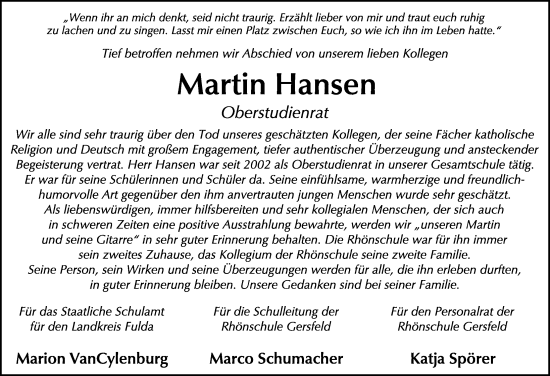 Traueranzeige von Martin Hansen von FZ