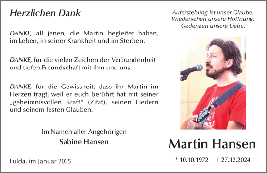 Traueranzeige von Martin Hansen von FZ