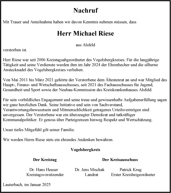 Traueranzeige von Michael Riese von FZ