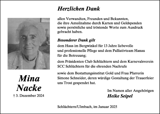 Traueranzeige von Mina Nacke von FZ