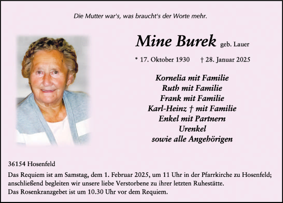 Traueranzeige von Mine Burek von FZ