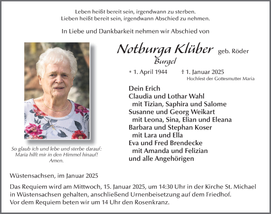 Traueranzeige von Notburga Klüber von FZ