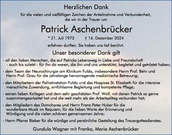 Traueranzeige von Patrick Aschenbrücker von FZ