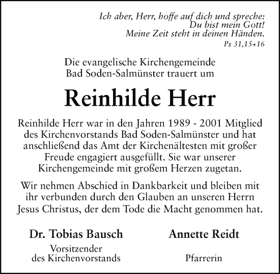 Traueranzeige von Reinhilde Herr von FZ