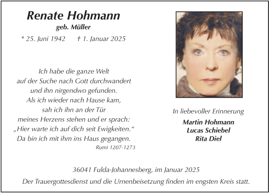 Traueranzeige von Renate Hohmann von FZ