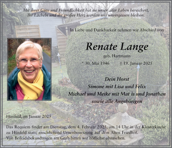 Traueranzeige von Renate Lange von FZ