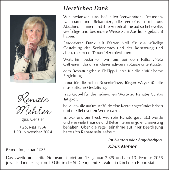 Traueranzeige von Renate Mehler von FZ