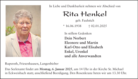 Traueranzeige von Rita Henkel von FZ
