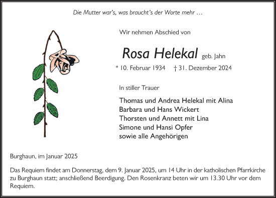 Traueranzeige von Rosa Helekal von FZ
