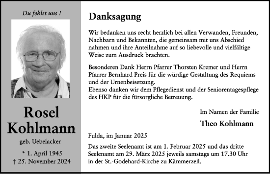 Traueranzeige von Rosel Kohlmann von FZ