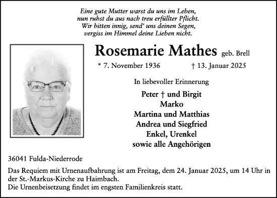 Traueranzeige von Rosemarie Mathes von FZ