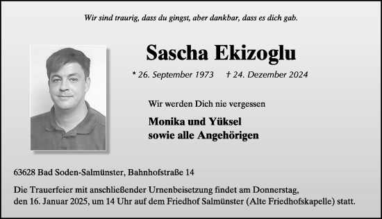 Traueranzeige von Sascha Ekizoglu von FZ