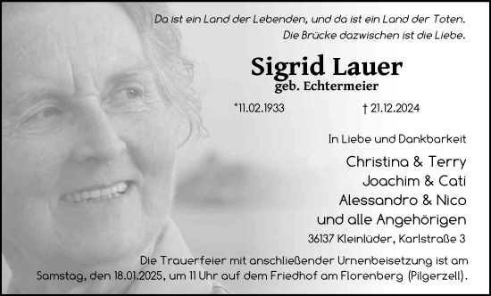 Traueranzeige von Sigrid Lauer von FZ