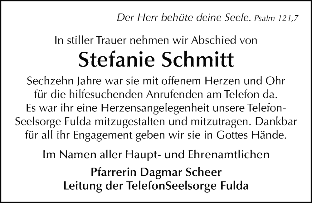  Traueranzeige für Stefanie Schmitt vom 15.01.2025 aus FZ