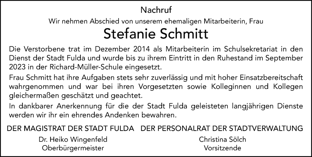  Traueranzeige für Stefanie Schmitt vom 15.01.2025 aus FZ
