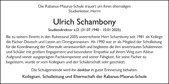 Traueranzeige von Ulrich Schambony von FZ