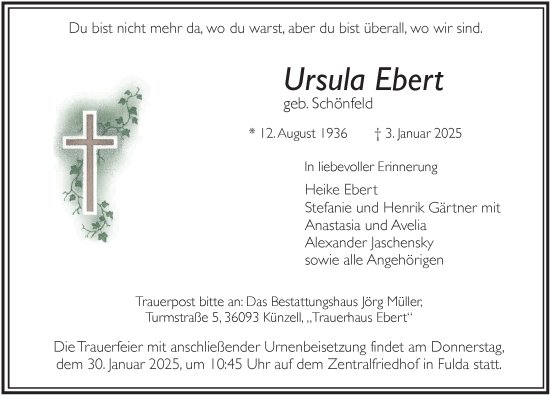Traueranzeige von Ursula Ebert von FZ