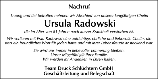 Traueranzeige von Ursula Radowski von FZ