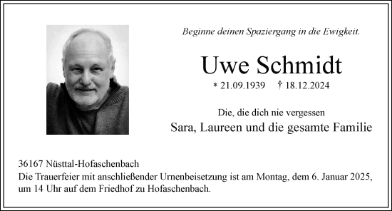 Traueranzeige von Uwe Schmidt von FZ