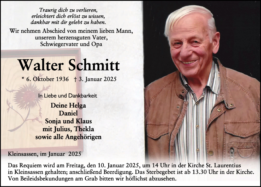  Traueranzeige für Walter Schmitt vom 08.01.2025 aus FZ