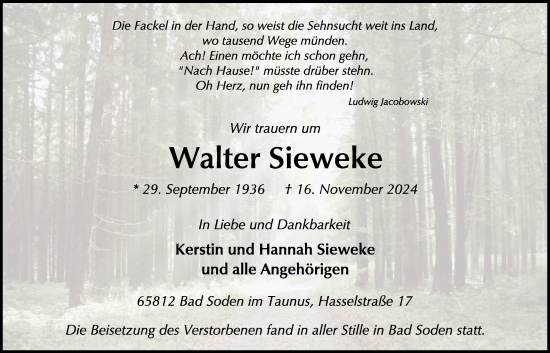 Traueranzeige von Walter Sieweke von FZ