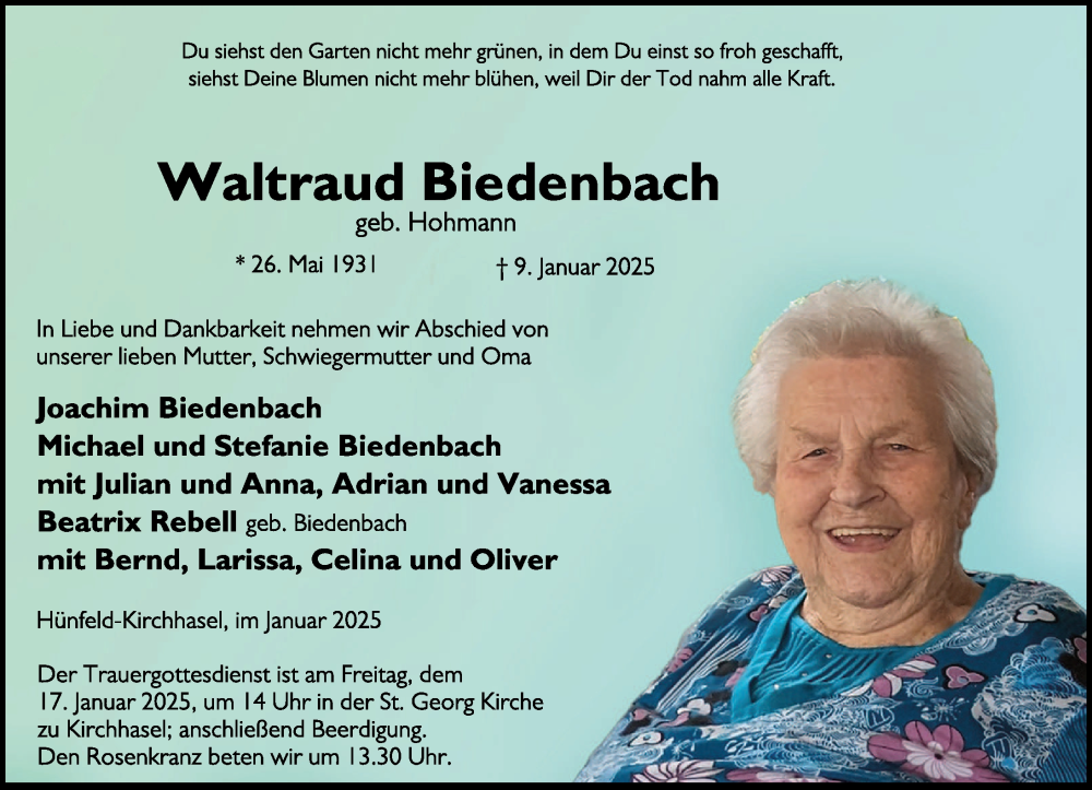  Traueranzeige für Waltraud Biedenbach vom 14.01.2025 aus FZ