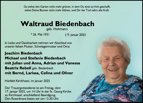 Traueranzeige von Waltraud Biedenbach von FZ