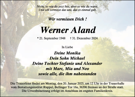 Traueranzeige von Werner Aland von FZ
