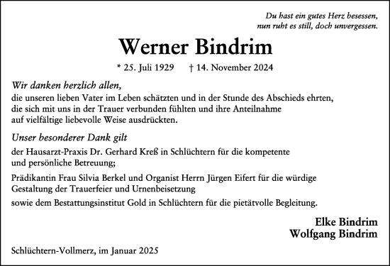 Traueranzeige von Werner Bindrim von FZ